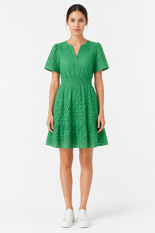 Damen Midikleid mit Lochspitze & kurzen Ärmeln