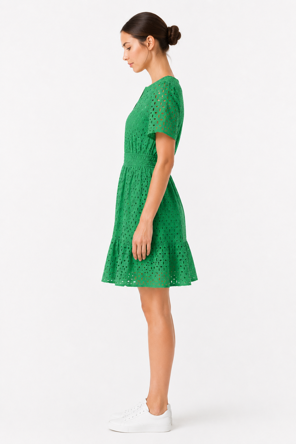 Damen Midikleid mit Lochspitze & kurzen Ärmeln