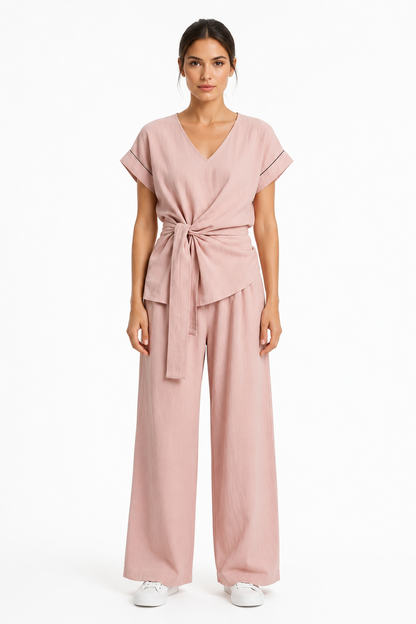 Damen Sommer-Zweiteiler – V-Ausschnitt & Weite Hose