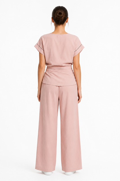 Damen Sommer-Zweiteiler – V-Ausschnitt & Weite Hose