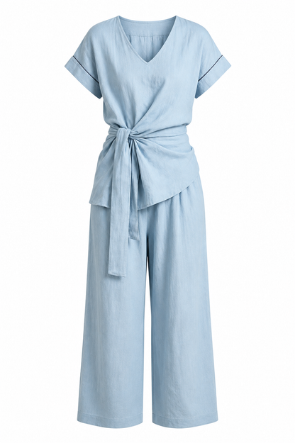 Damen Sommer-Zweiteiler – V-Ausschnitt & Weite Hose