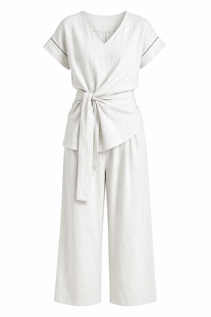 Damen Sommer-Zweiteiler – V-Ausschnitt & Weite Hose