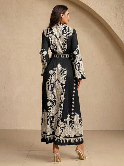 Elegantes Maxi-Kleid Damen – Festlich & Langarm mit Gürtel