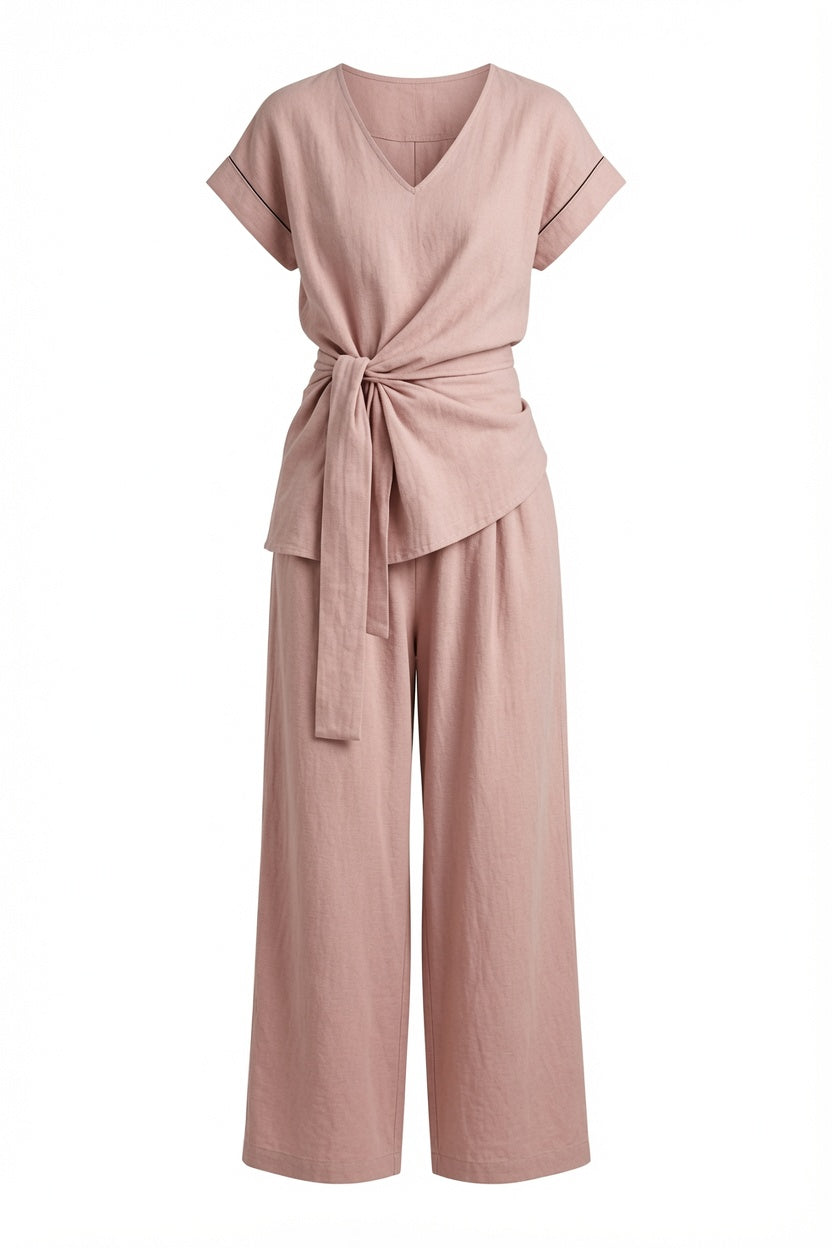 Damen Sommer-Zweiteiler – V-Ausschnitt & Weite Hose