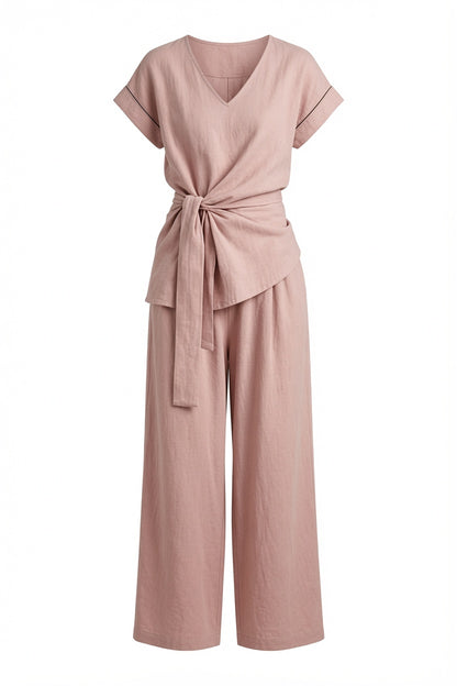 Damen Sommer-Zweiteiler – V-Ausschnitt & Weite Hose
